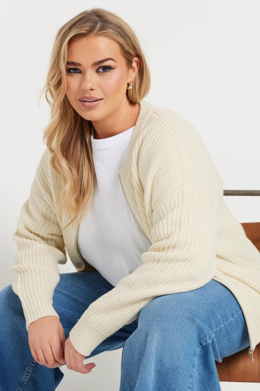 Evans YOURS Curve Cream Knitted Bomber Cardigan