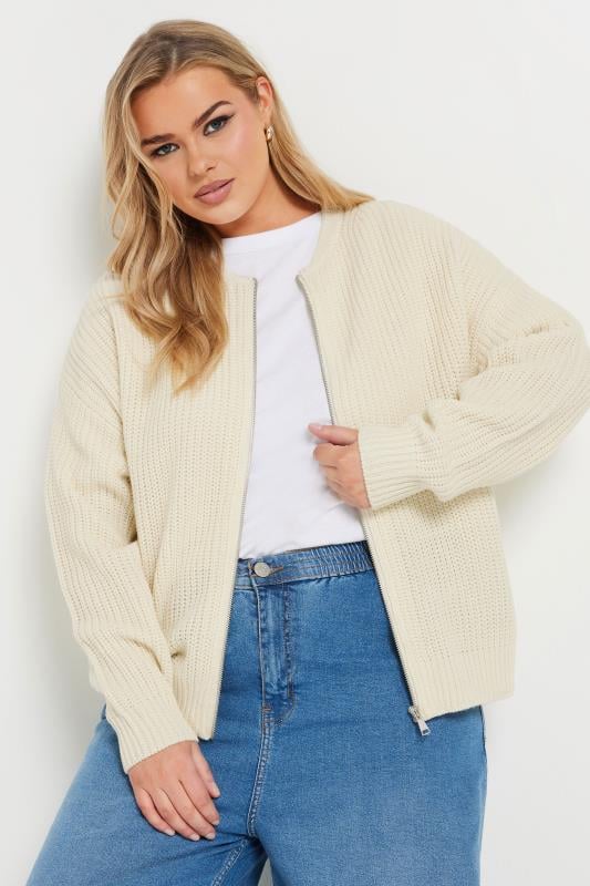 evans YOURS Curve Cream Knitted Bomber Cardigan