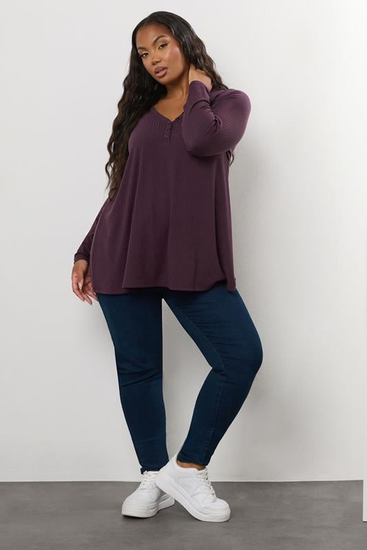 Evans YOURS Curve Dark Purple Ribbed Henley Top