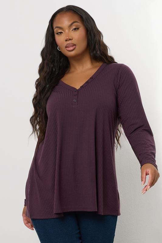 evans YOURS Curve Dark Purple Ribbed Henley Top