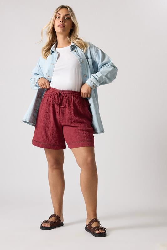 Evans YOURS Curve Dark Red Crochet Trim Shorts