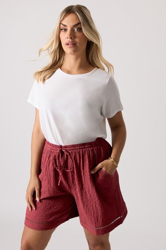 evans YOURS Curve Dark Red Crochet Trim Shorts