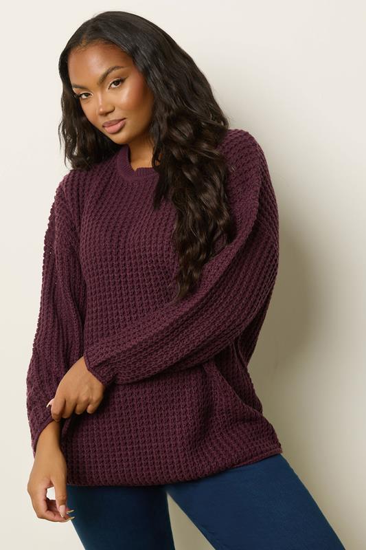 evans YOURS Curve Dark Red Waffle Knit Jumper