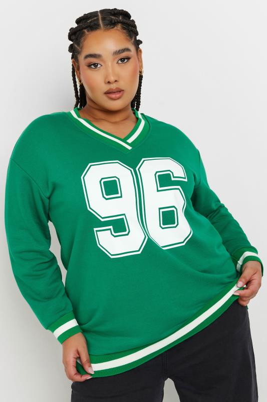 evans YOURS Curve Green '96' Varsity Sweatshirt
