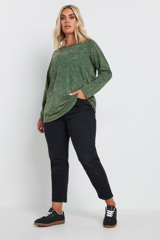 Evans YOURS Curve Green Acid Wash Long Sleeve Top