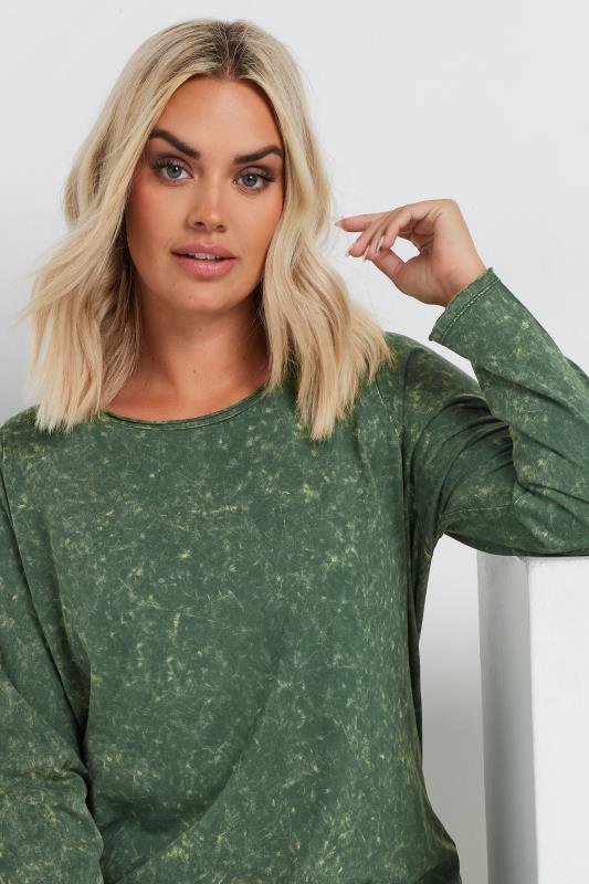 Evans YOURS Curve Green Acid Wash Long Sleeve Top