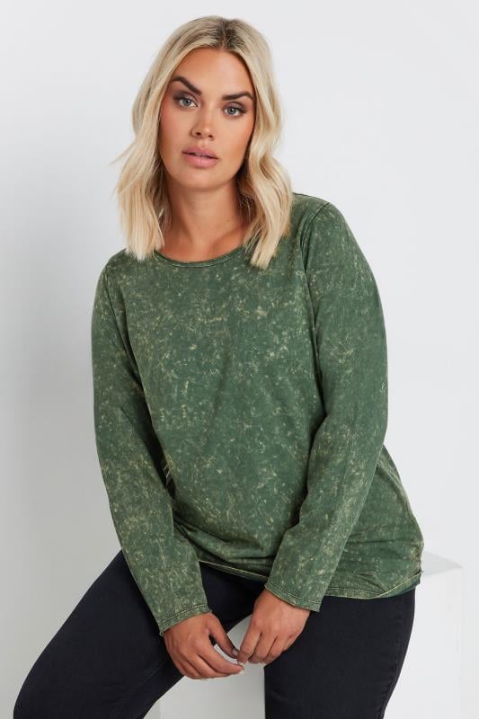 evans YOURS Curve Green Acid Wash Long Sleeve Top