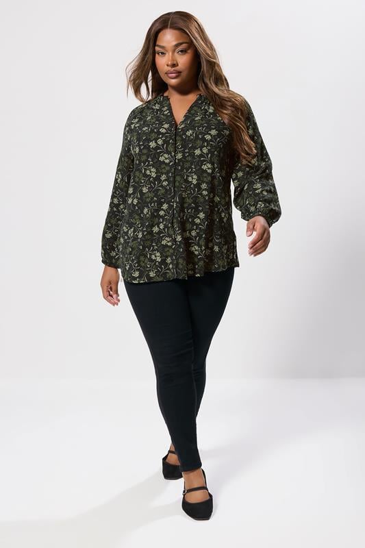 Evans YOURS Curve Green Floral Frill Neck Blouse