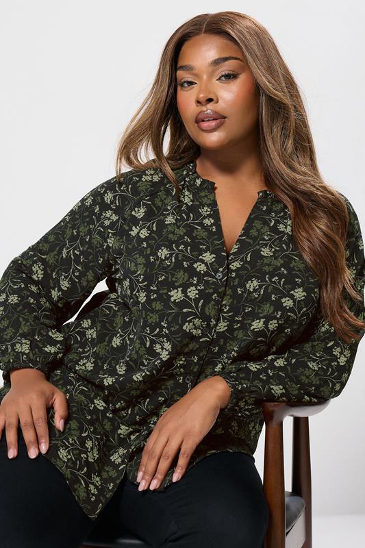 evans YOURS Curve Green Floral Frill Neck Blouse