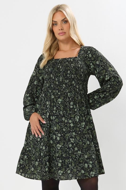 Evans YOURS Curve Green Floral Shirred Mini Dress