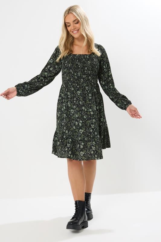 Evans YOURS Curve Green Floral Shirred Mini Dress