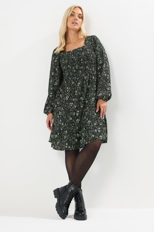 evans YOURS Curve Green Floral Shirred Mini Dress