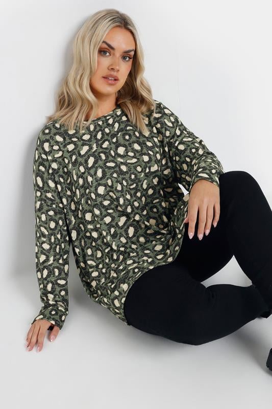 evans YOURS Curve Green Leopard Print Jumper