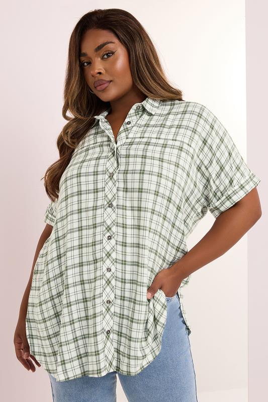 evans YOURS Curve Green Metallic Check Print Shirt
