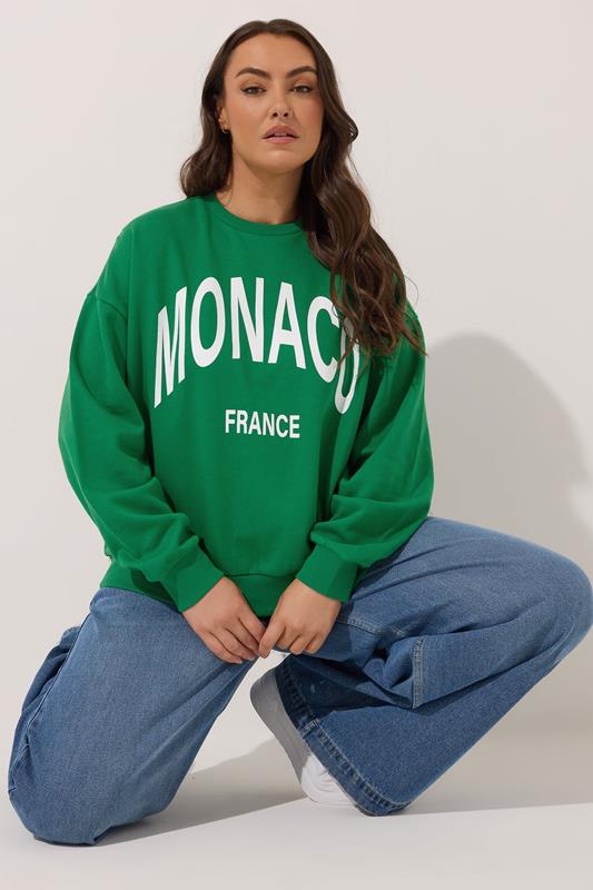evans YOURS Curve Green 'Monaco' Slogan Sweatshirt