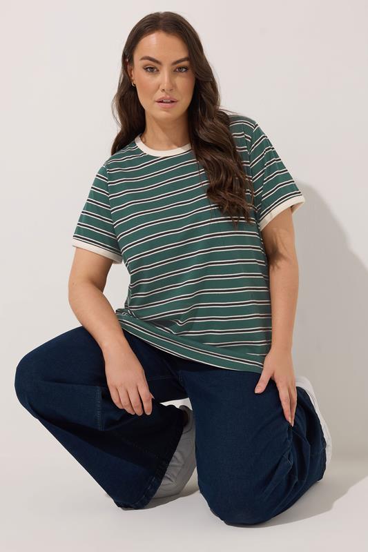 Evans YOURS Curve Green Stripe Ringer T-Shirt
