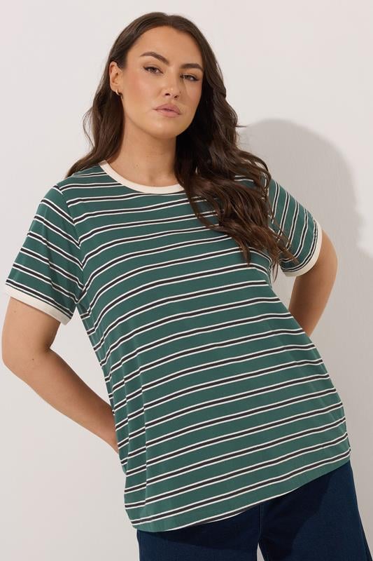 evans YOURS Curve Green Stripe Ringer T-Shirt