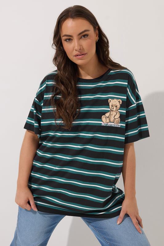 evans YOURS Curve Green Stripe Teddy Print T-Shirt