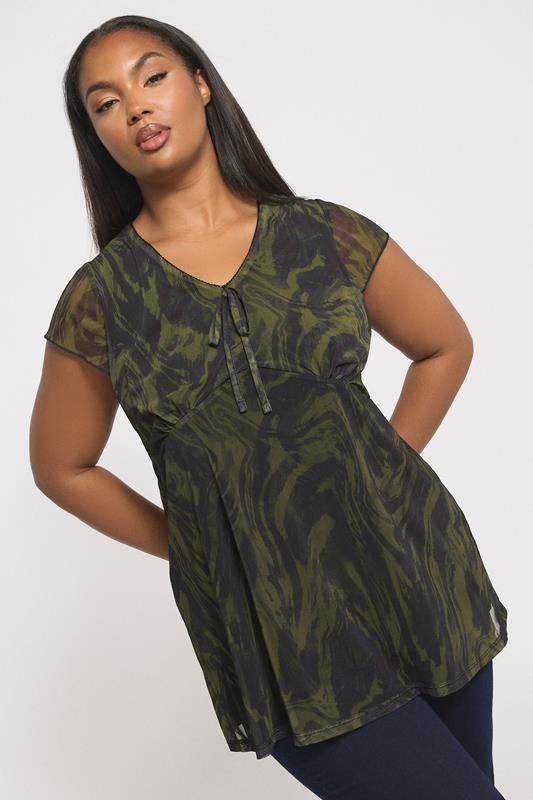 evans YOURS Curve Green Swirl Print Mesh Top