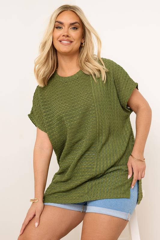 evans YOURS Curve Green Textured Split Seam Top