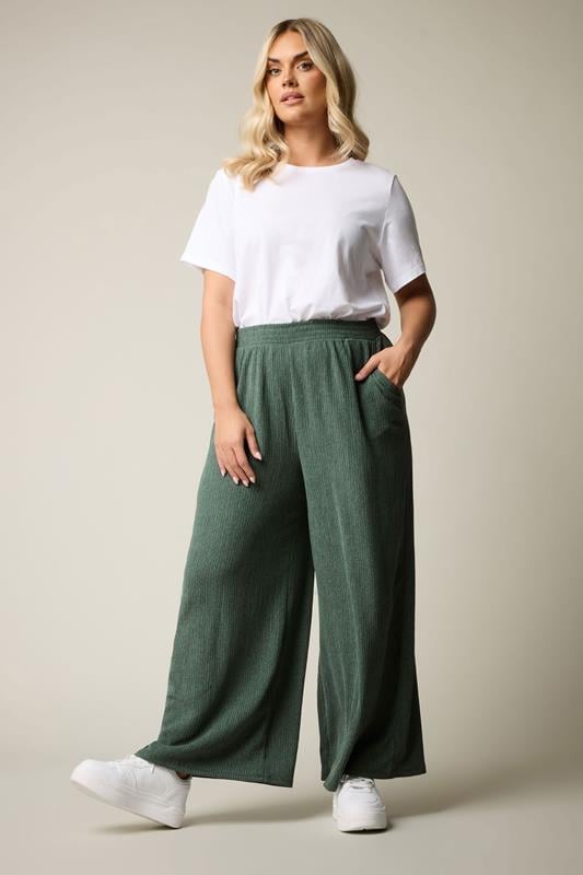 Evans YOURS Curve Green Textured Wide Leg Trousers