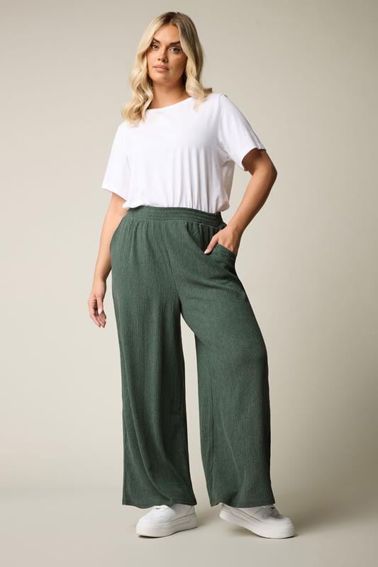 Evans YOURS Curve Green Textured Wide Leg Trousers