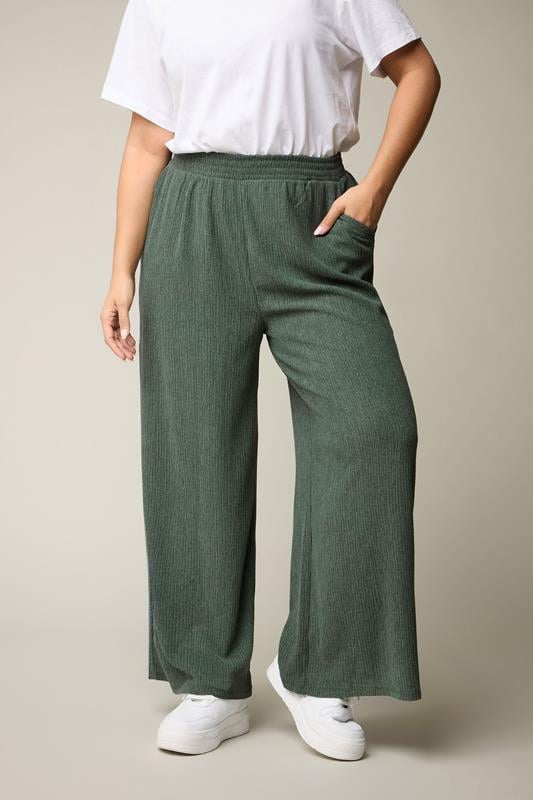 evans YOURS Curve Green Textured Wide Leg Trousers