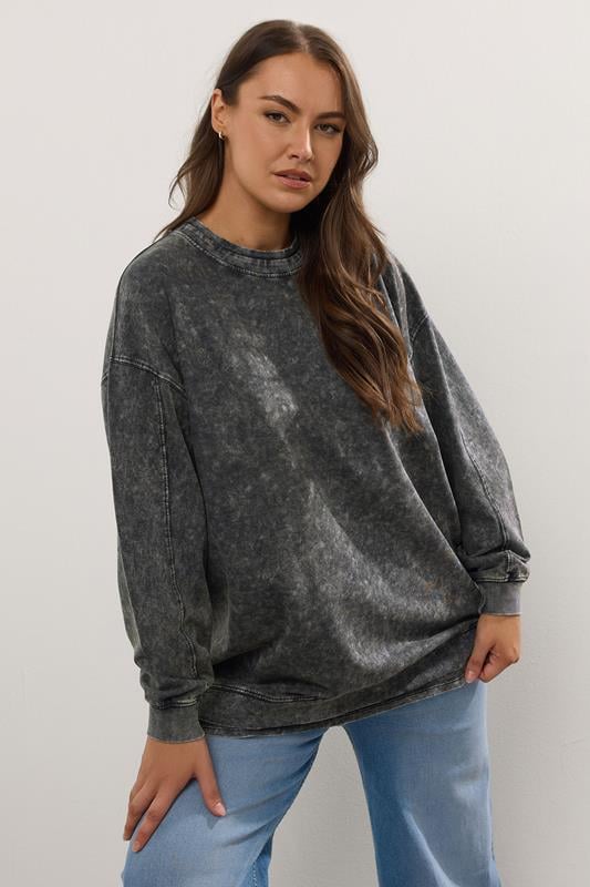 evans YOURS Curve Grey 2-In-1 Acid Wash Sweatshirt