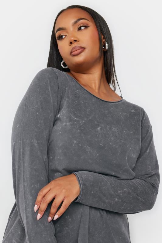 Evans YOURS Curve Grey Acid Wash Long Sleeve Top