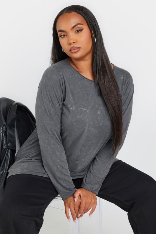 evans YOURS Curve Grey Acid Wash Long Sleeve Top