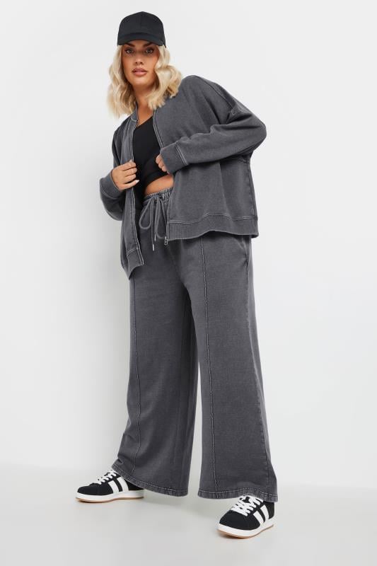Evans YOURS Curve Grey Acid Wash Wide Leg Joggers