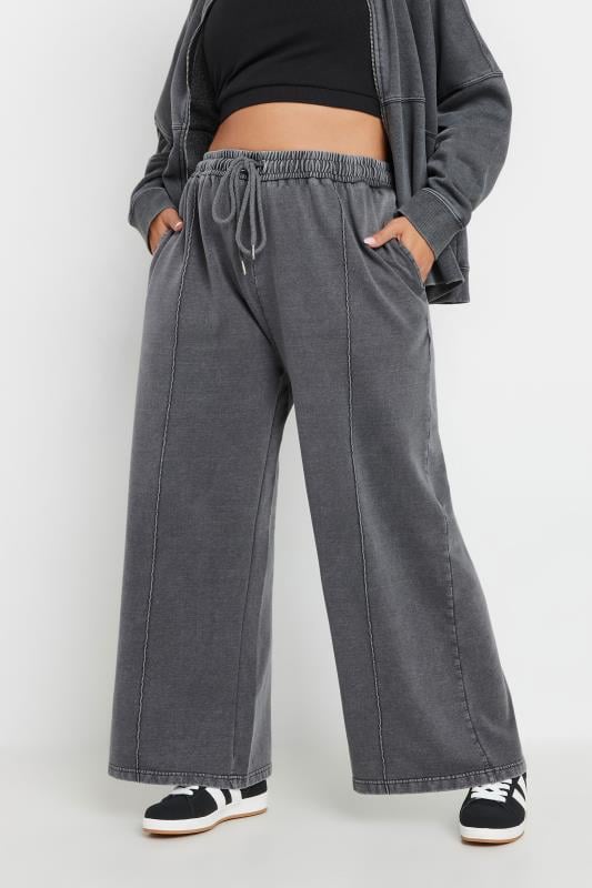 evans YOURS Curve Grey Acid Wash Wide Leg Joggers