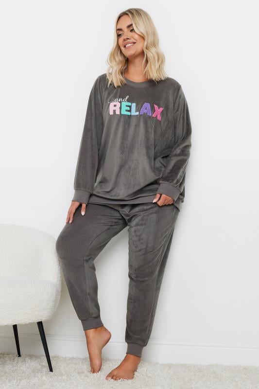 Evans YOURS Curve Grey 'And Relax' Slogan Lounge Set