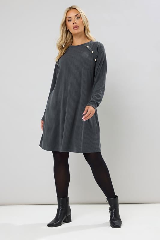 Evans YOURS Curve Grey Button Ribbed Tunic Dress