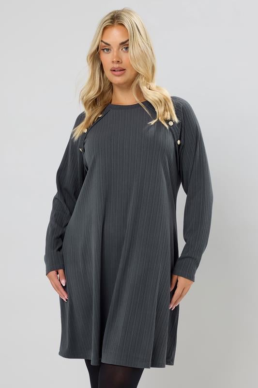 evans YOURS Curve Grey Button Ribbed Tunic Dress