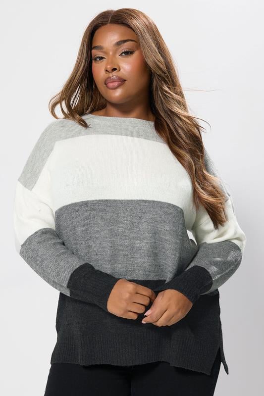 evans YOURS Curve Grey Colourblock Stripe Jumper