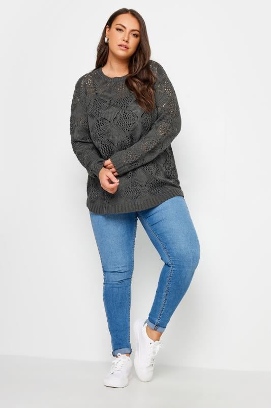 Evans YOURS Curve Grey Crochet Stitch Jumper