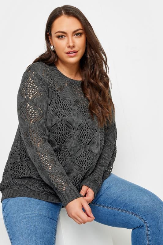 evans YOURS Curve Grey Crochet Stitch Jumper