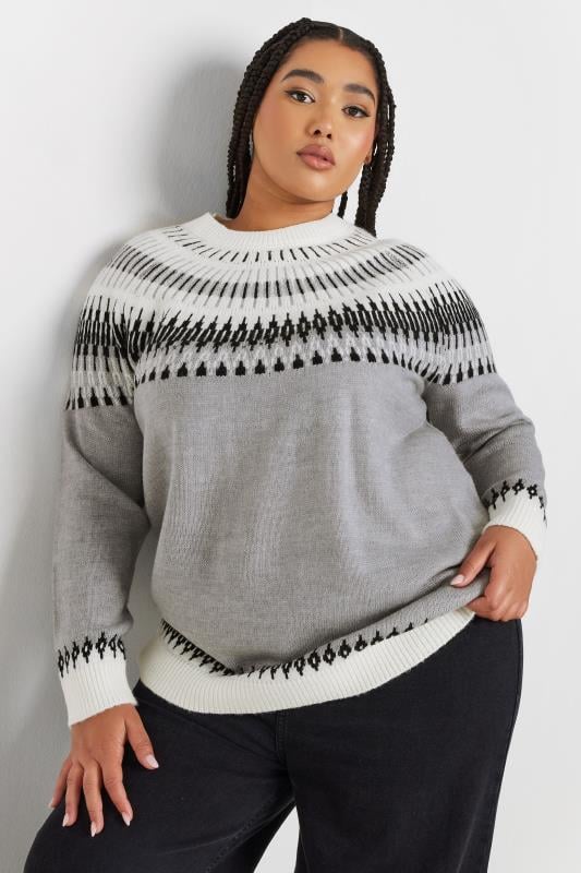 Evans YOURS Curve Grey Fairisle Knitted Jumper
