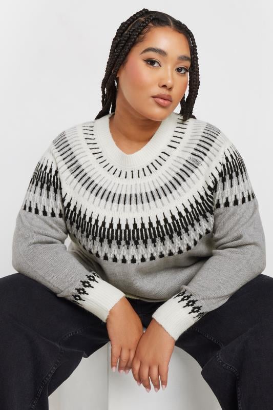 evans YOURS Curve Grey Fairisle Knitted Jumper