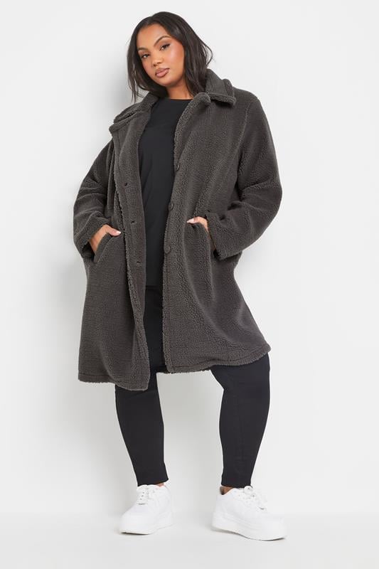 evans YOURS Curve Grey Faux Fur Teddy Coat