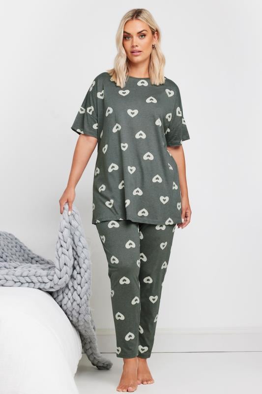 evans YOURS Curve Grey Heart Print Pyjama Set
