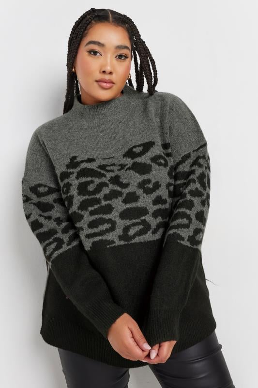 evans YOURS Curve Grey Leopard Colourblock Jumper