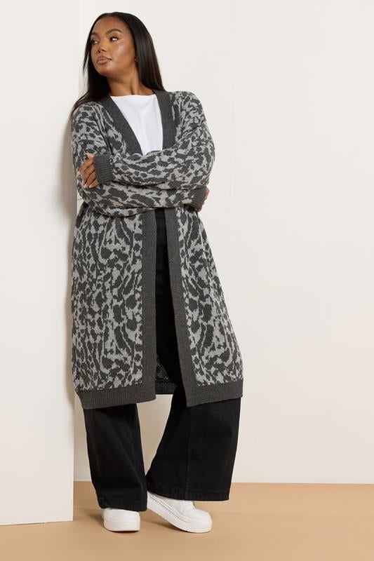 Evans YOURS Curve Grey Leopard Print Midi Cardigan