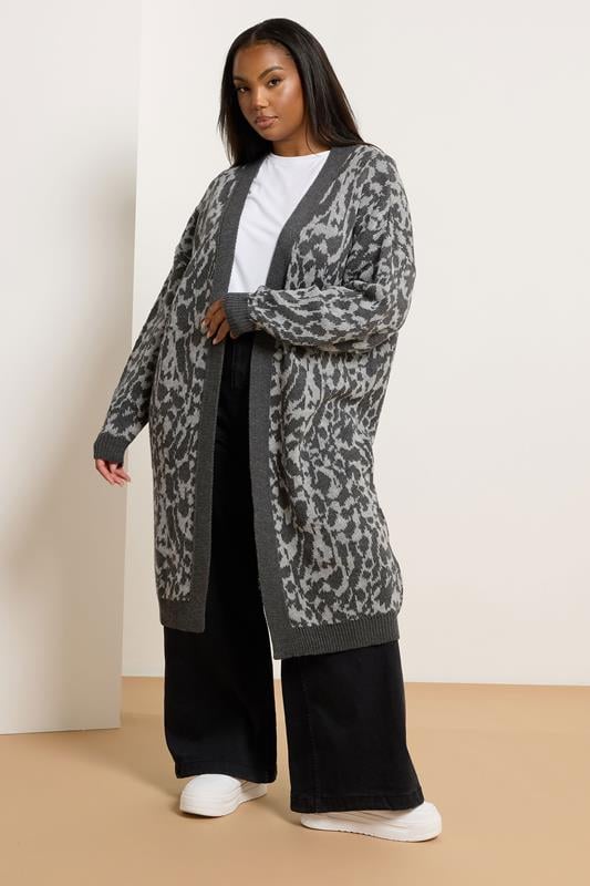 evans YOURS Curve Grey Leopard Print Midi Cardigan