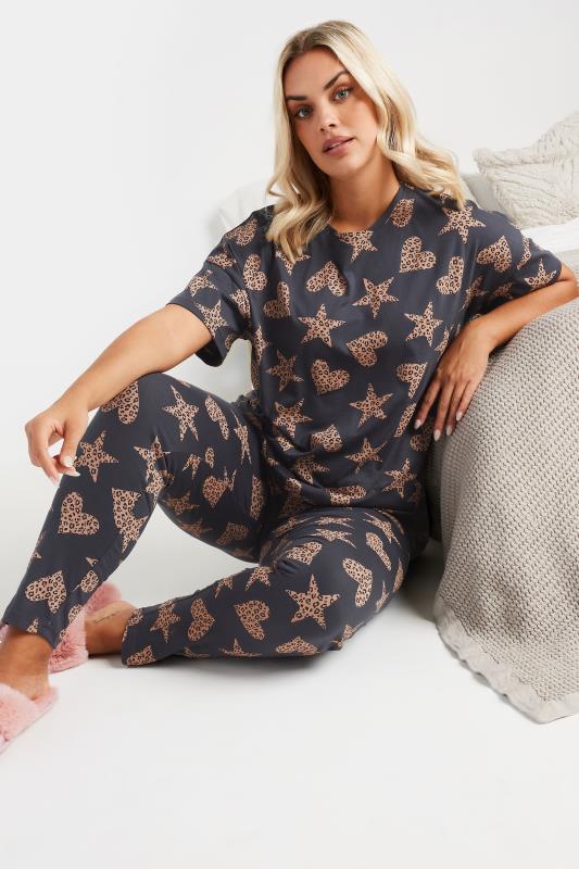 Evans YOURS Curve Grey Leopard Print Pyjama Set