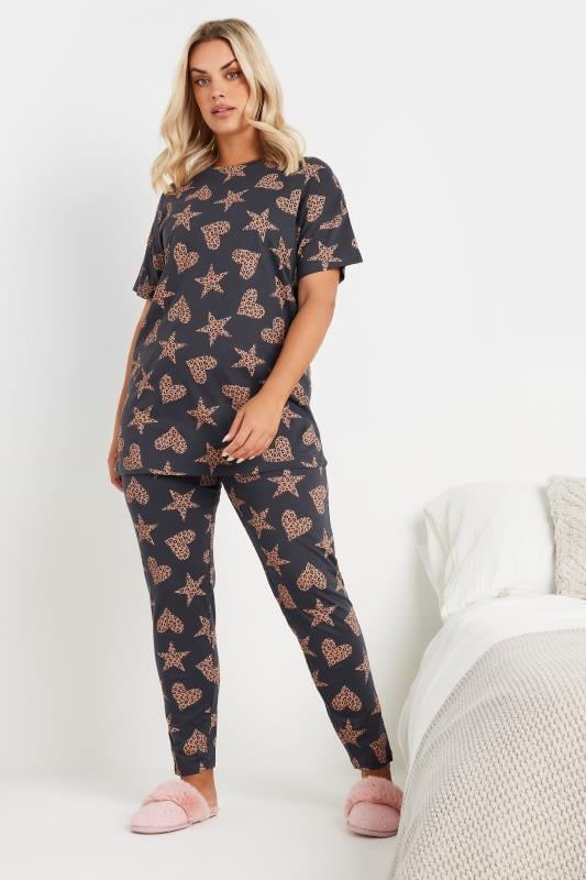 evans YOURS Curve Grey Leopard Print Pyjama Set