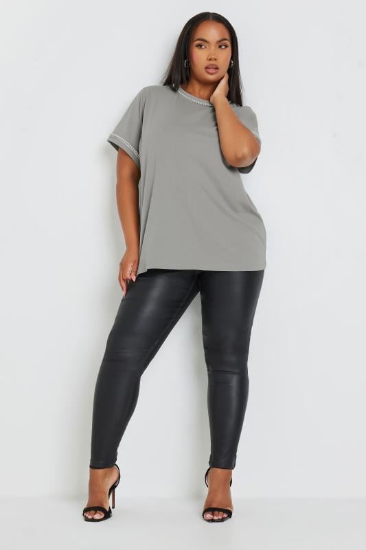 Evans YOURS Curve Grey Pearl Trim T-Shirt