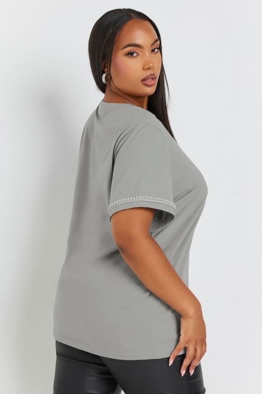 Evans YOURS Curve Grey Pearl Trim T-Shirt