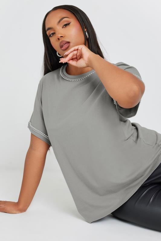 evans YOURS Curve Grey Pearl Trim T-Shirt